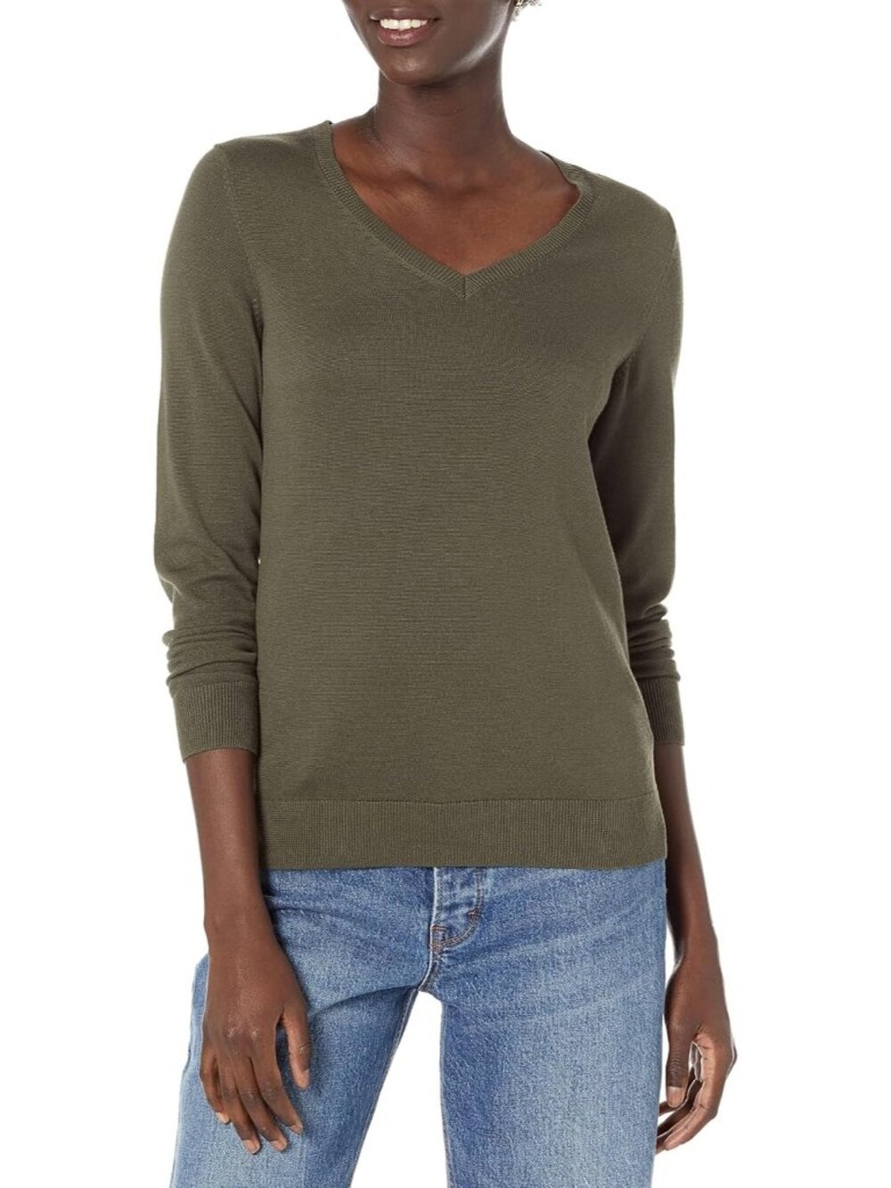 Amazon Essentials Women's Olive V Neck Lightweight Long Sleeve Sweaters